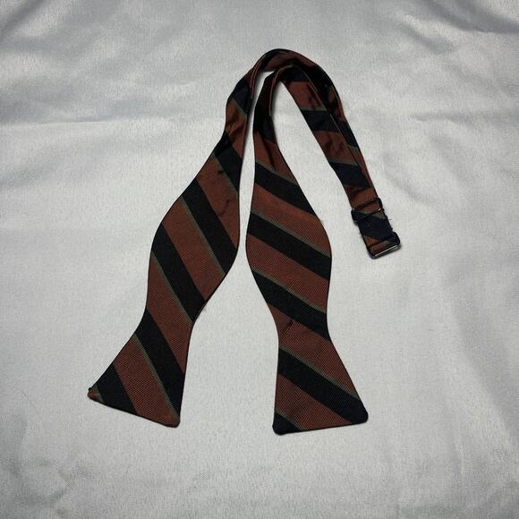 Vintage Robert Talbott 100% Silk Bow Tie Brown Green Black Stripe Adjustable - Picture 1 of 4